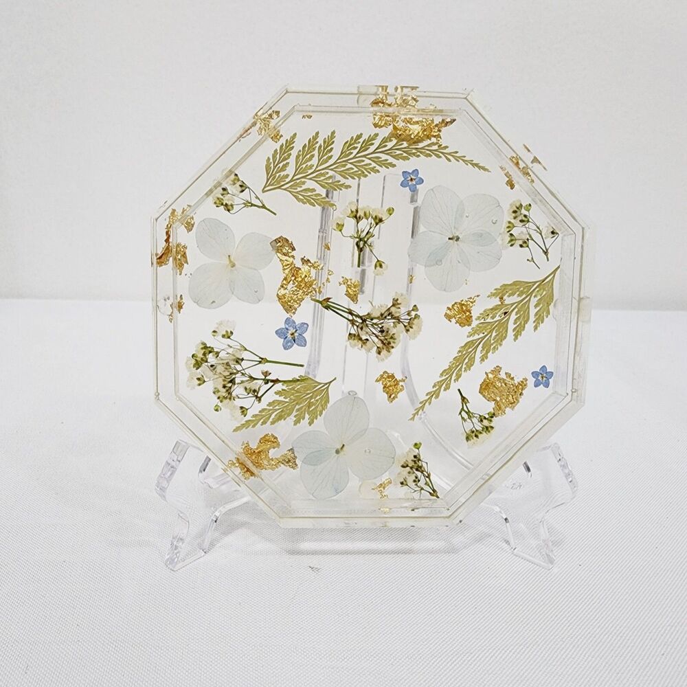 Clear Resin Octagon Vanity Pressed Flower Botanical Gold Flake Trinket Dish